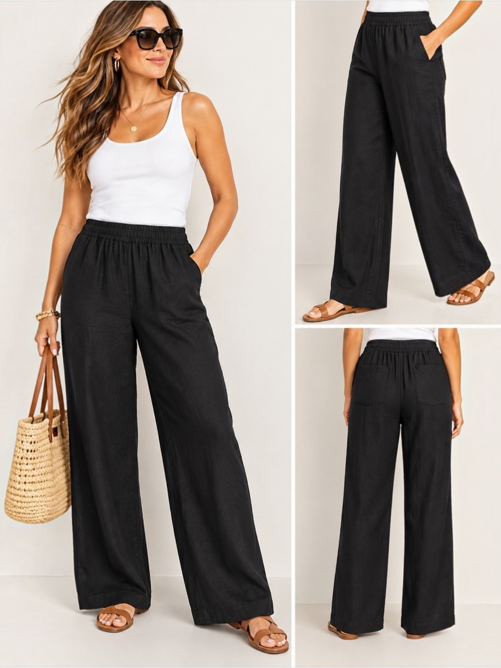 Old Navy High Waisted Linen Blend Wide Leg Pants Black Pull On Pockets L